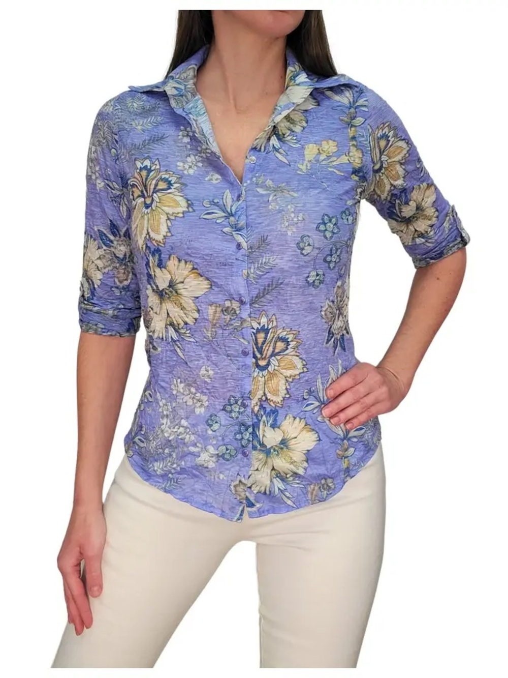 NWT David Cline Crushed 3/4 sleeve shirt in capri Size small